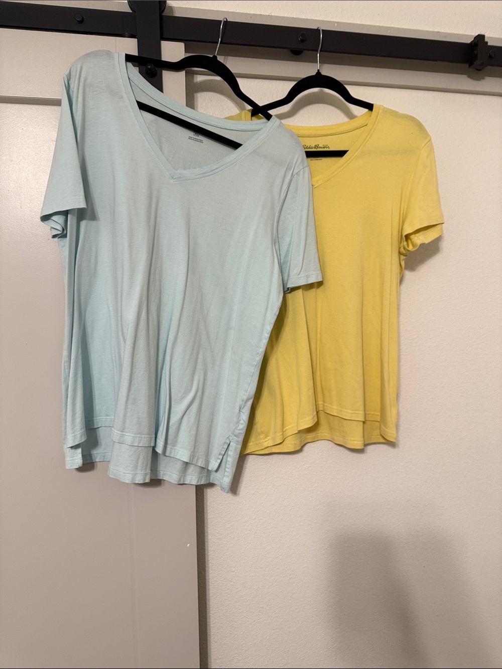Eddie Bauer V-Neck Short Sleeve Tees in Pale Blue and Soft Yellow